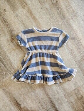 Quincy Mae Ocean Gray & Latte Tan Stripe Terry Dress Size 6-12 Months